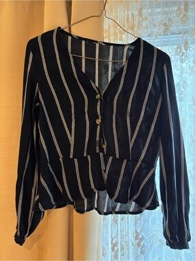 Striped Black Button-Front Long Sleeve Top